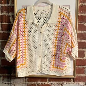 Cream Crochet Button-Down Top with Pink & Mustard Accents